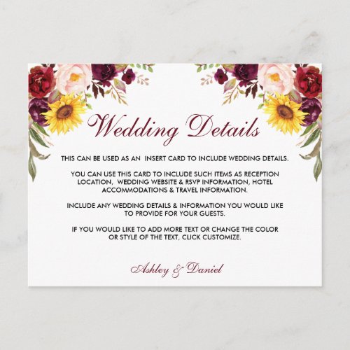 Watercolor Floral Wedding Details Insert Card