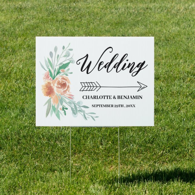 Watercolor Floral Wedding directional Yard Lawn  Sign (Insitu)