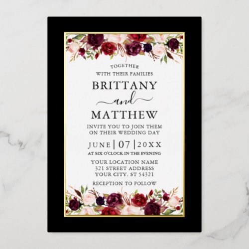 Watercolor Floral Wedding Elegant Black Gold Foil Invitation