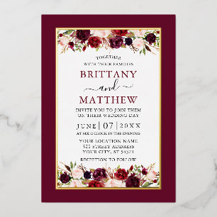 Watercolor Floral Wedding Elegant Burgundy Gold Foil Invitation
