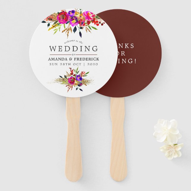 Watercolor Floral Wedding Favor Hand Fan (Front and Back)