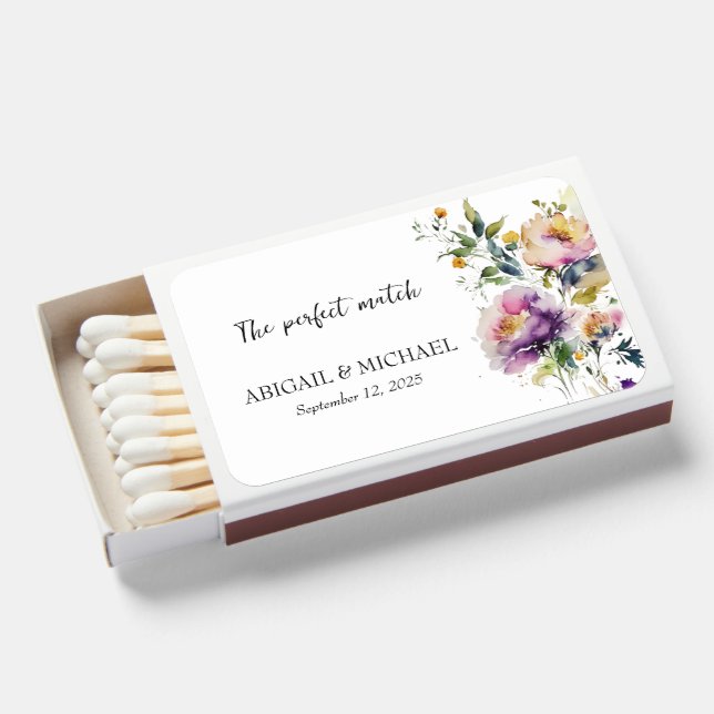 Watercolor Floral Wedding Favors - Matches (Front Open)