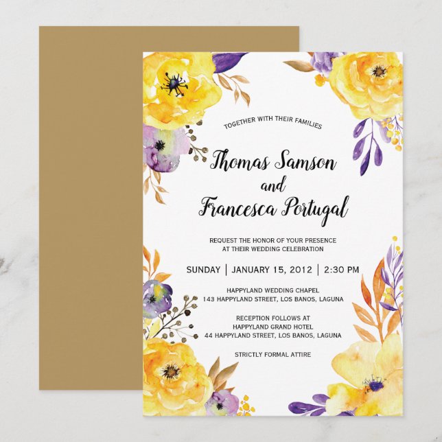 Watercolor Floral Wedding Invitation Card (Front/Back)
