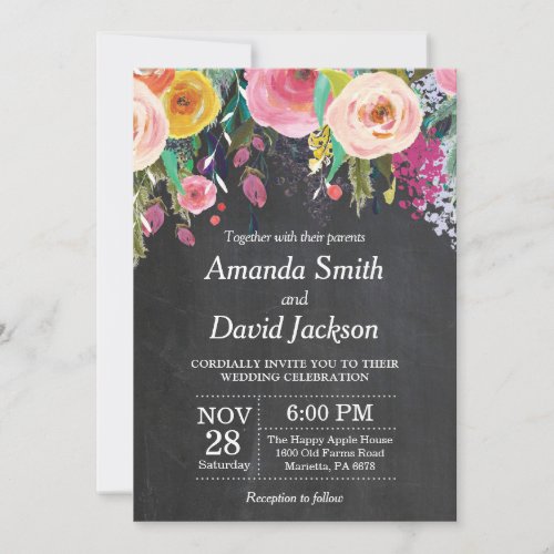 Watercolor Floral Wedding Invitation Chalkboard