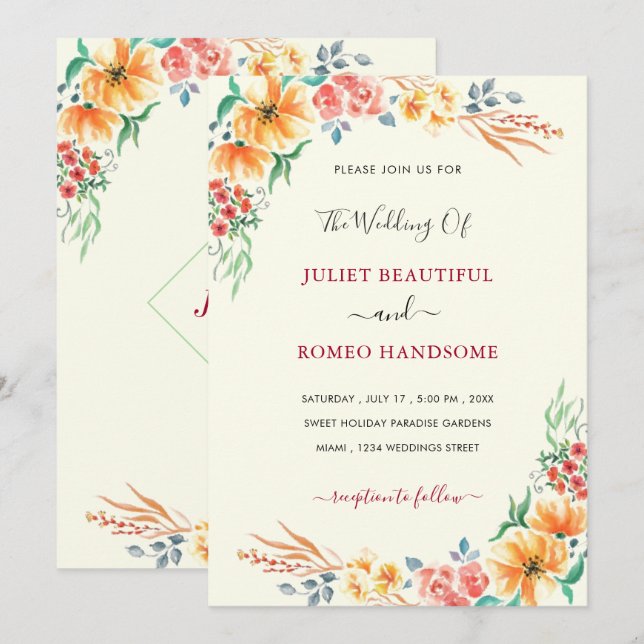 Watercolor Floral Wedding Invitation Example (Front/Back)