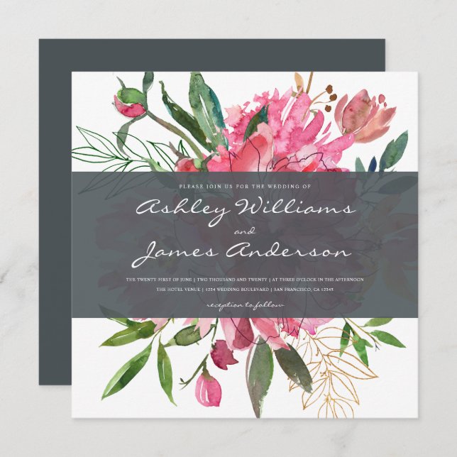 Watercolor Floral Wedding Invite Gray Text Overlay (Front/Back)