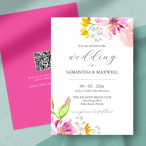 Watercolor Floral Wedding Invites with QR Code 