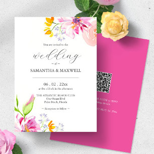 Watercolor Floral Wedding Invites with QR Code 