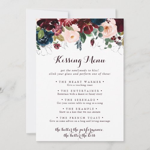 Watercolor Floral Wedding Kissing Menu Game Card