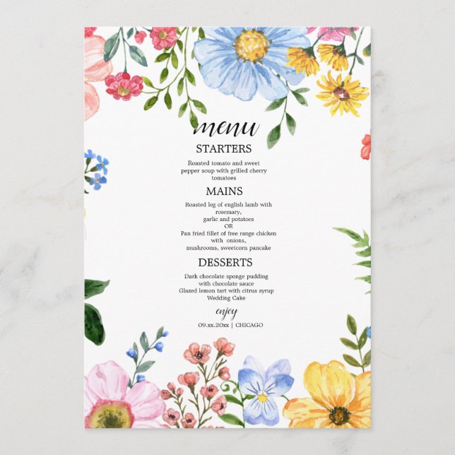 Watercolor Floral Wedding  Menu (Front)