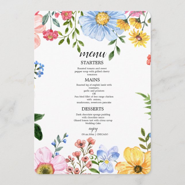 Watercolor Floral Wedding  Menu (Front)