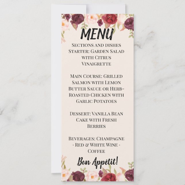 Watercolor Floral Wedding Menu Invitation (Front)