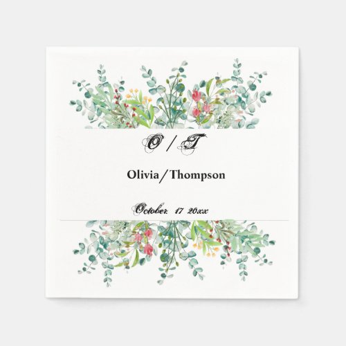 Watercolor Floral  Wedding Name Monogram Napkins