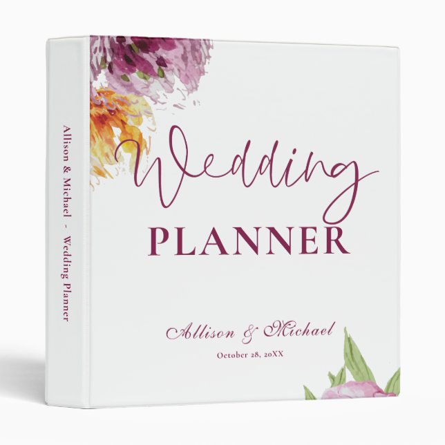 Watercolor Floral Wedding Planner 3 Ring Binder (Front/Spine)