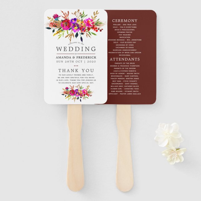 Watercolor Floral Wedding Program Hand Fan (Front and Back)