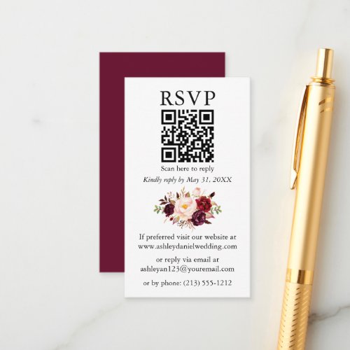 Watercolor Floral Wedding QR Burgundy RSVP Enclosure Card
