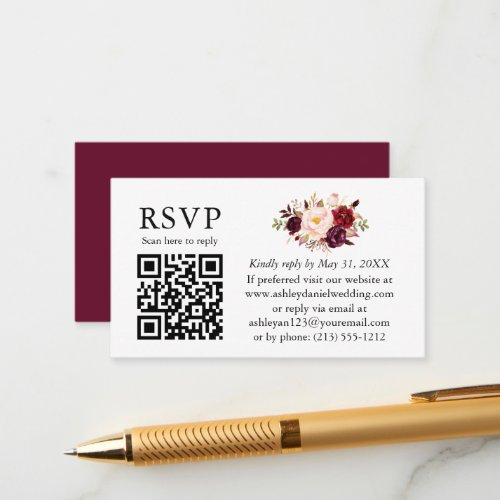 Watercolor Floral Wedding QR RSVP Burgundy Enclosure Card