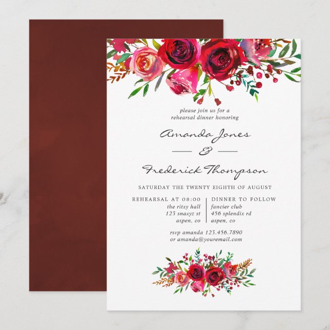 Watercolor Floral Wedding Rehearsal Dinner Invitation (Front/Back)
