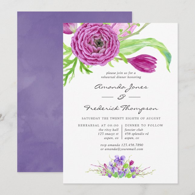 Watercolor Floral Wedding Rehearsal Dinner Invitation (Front/Back)