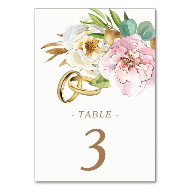 Watercolor Floral Wedding Rings Table Number (Front)
