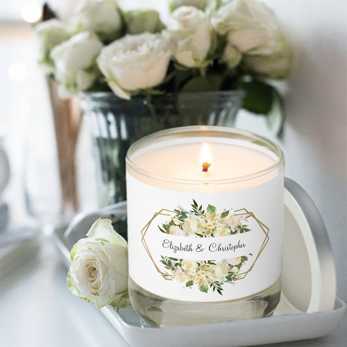 Watercolor Floral Wedding Roses Gold Elegant White Scented Candle