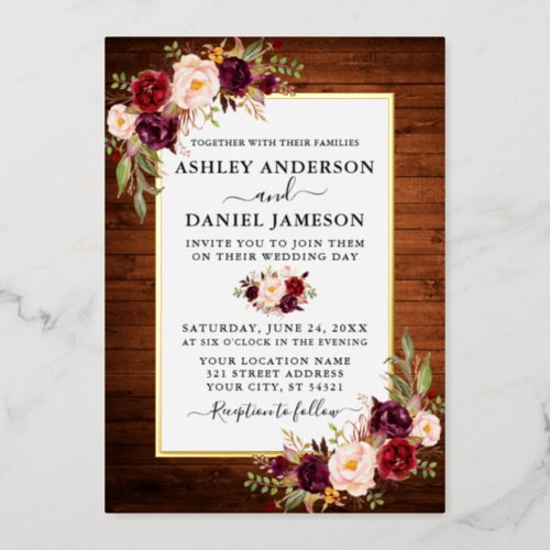 Watercolor Floral Wedding Rustic Wood Gold Foil Invitation
