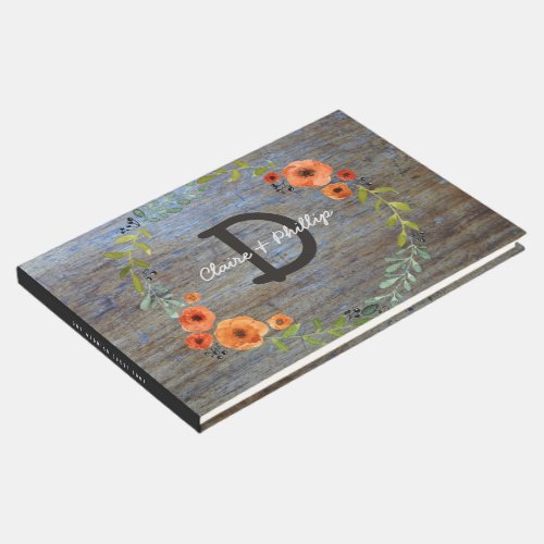 Watercolor Floral Wedding  Rustic Wood Monogram Guest Book