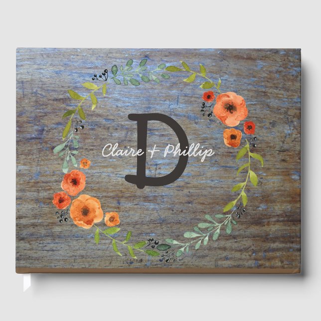 Watercolor Floral Wedding | Rustic Wood Monogram Guest Book (Front)