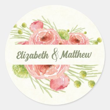 Watercolor Floral Wedding Thank You  Classic Round Sticker by YourWeddingDay at Zazzle
