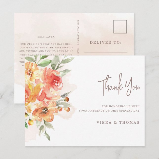 Watercolor Floral Wedding Thank You Postcard (Front/Back)