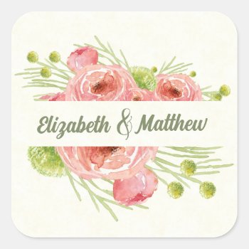 Watercolor Floral Wedding Thank You  Square Sticker by YourWeddingDay at Zazzle
