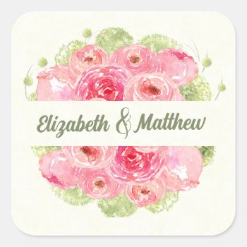 Watercolor Floral Wedding Thank You  Square Sticker by YourWeddingDay at Zazzle