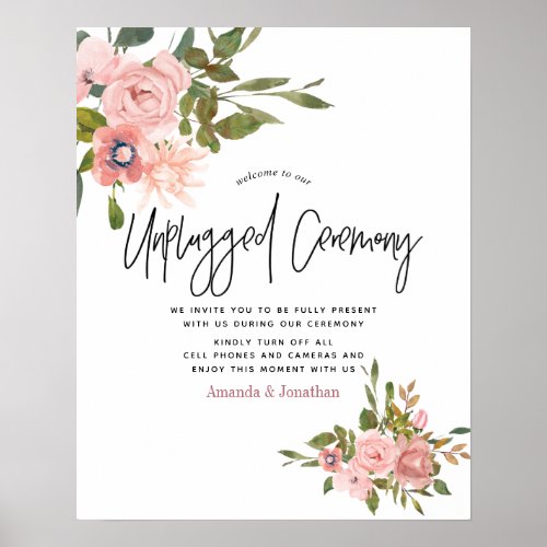 Watercolor floral Wedding Unplugged Ceremony Poster