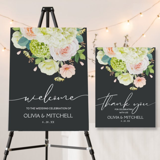 Watercolor Floral Wedding Welcome Foam Board (Floral Welcome to Our Wedding Pale Onyx Foam Board)