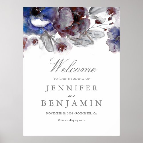 Watercolor Floral Wedding Welcome Sign - Burgundy and navy floral watercolor Wedding Welcoming Sign Poster