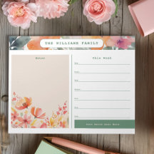 Watercolor Floral Weekly Family Calendar and Notes