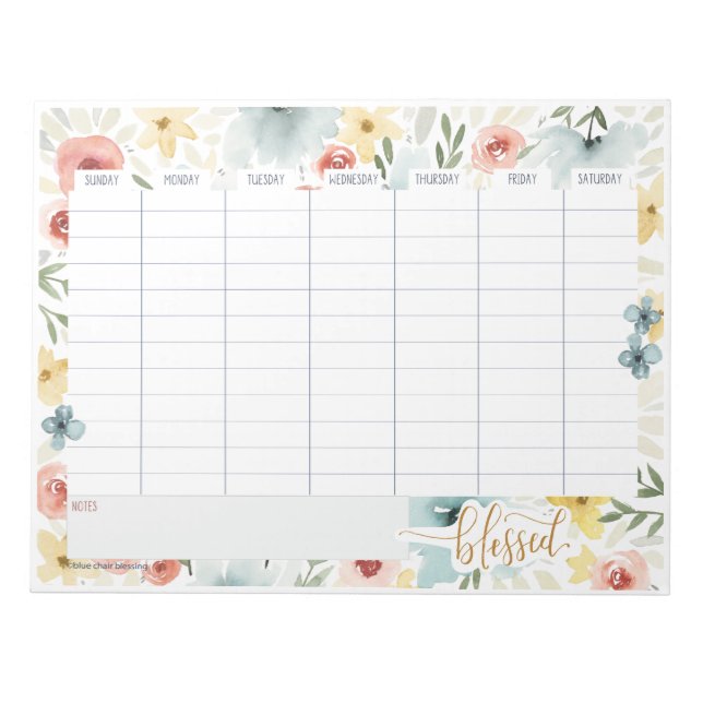 Watercolor floral weekly planner notepad (Front)