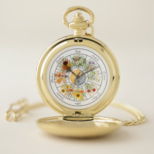 Watercolor Floral Wheel of the Year Pagan Wicca Pocket Watch