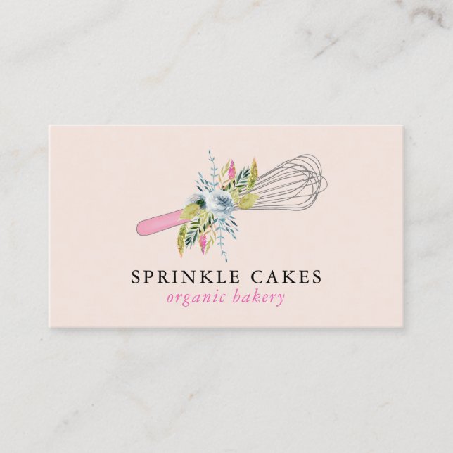Watercolor Floral Whisk Bakery Business Card (Front)