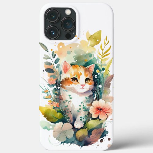 Watercolor Floral White and Orange Cat  iPhone 13 Pro Max Case