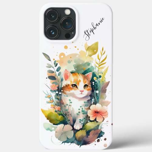 Watercolor Floral White and Orange Cat  iPhone 13 Pro Max Case