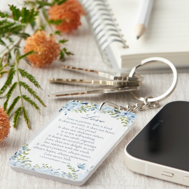 Watercolor Floral White Blue Scripture Name Keychain (Front Right)
