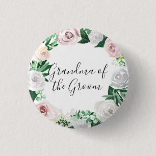 Watercolor Floral White Green Grandma of the Groom Button