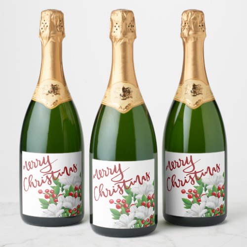 Watercolor Floral White Red Green Merry Christmas Sparkling Wine Label