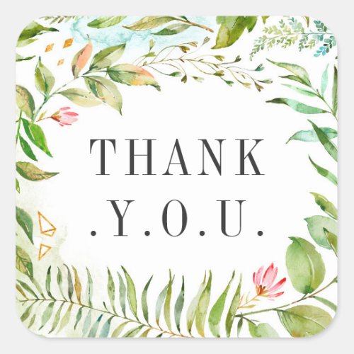 Watercolor Floral Wild Green Foliage Thank You Square Sticker