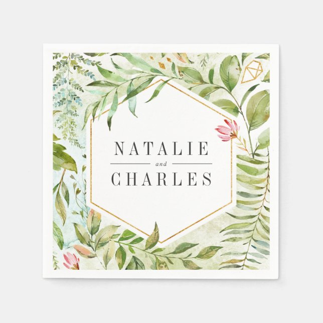 Watercolor Floral Wild Green Foliage Wedding Napkins (Front)