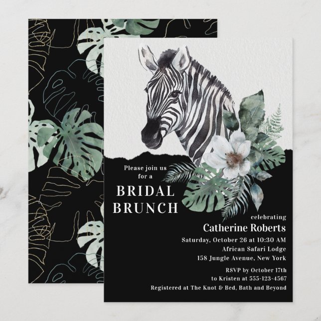 Watercolor Floral Wild Zebra Bridal Brunch Invitation (Front/Back)