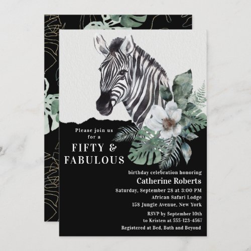 Watercolor Floral Wild Zebra Fifty 50th Birthday Invitation