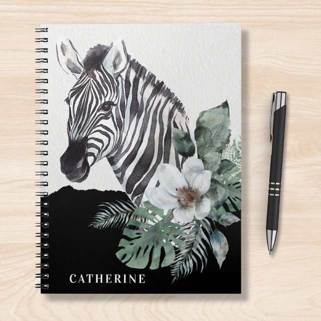 Watercolor Floral Wild Zebra Personalized Name Notebook (Creator Uploaded)