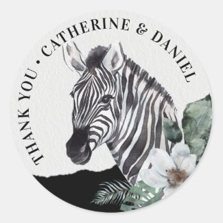 Watercolor Floral Wild Zebra Safari Thank You Classic Round Sticker